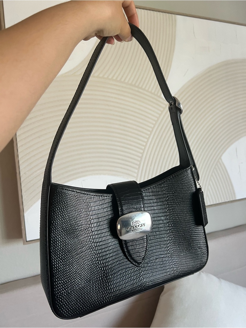 Coach Eliza Black Textured Leather Shoulder Bag with Silver-Tone Plaque